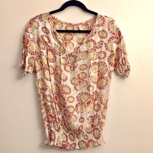 Mango 100% Silk Women’s Smocked Elasticated Hems Short Puff Sleeve Top Size US L